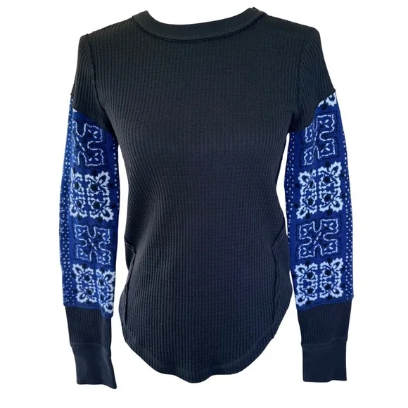 Free People We The Free Nikki Layering Top Bandana Sleeve Thermal Blue XS - Picture 2 of 11